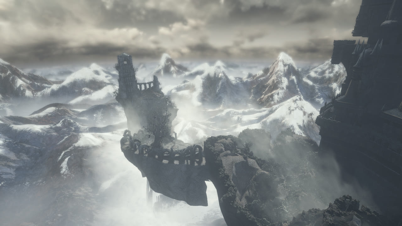 Firelink Shrine on its cliff above the sea of clouds
