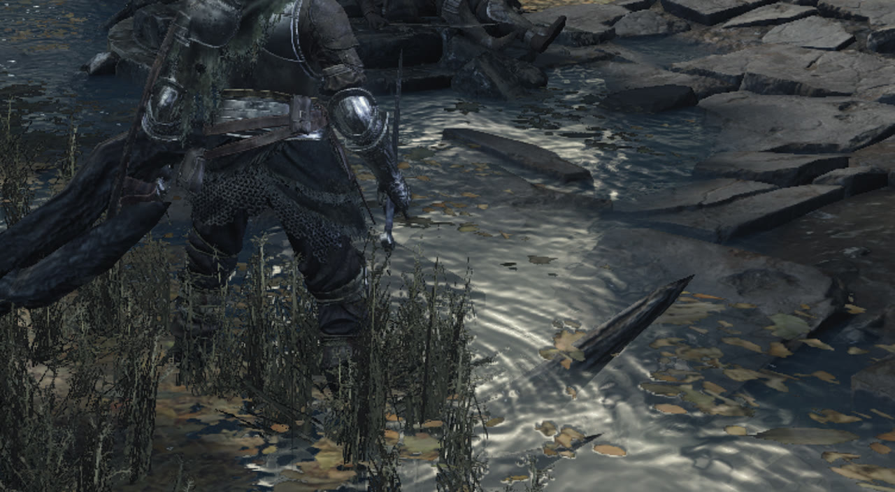 Ripples round the knight's feet in the stream